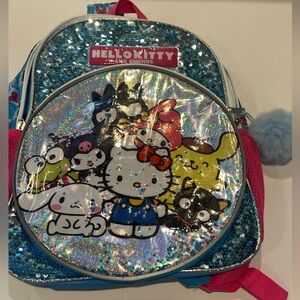 Hello Kitty Holographic Sequin Backpack in Blue and Pink with Pom Pom Charm